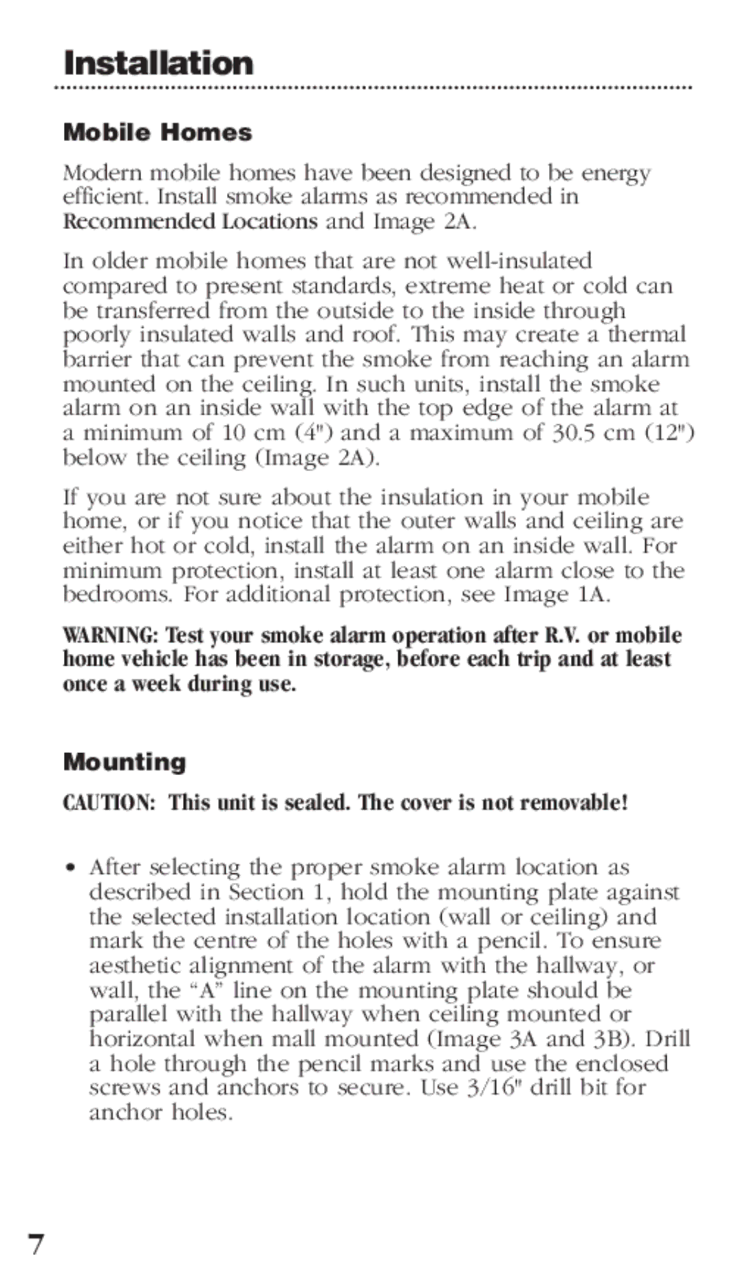 Kidde PI9000CA manual Mobile Homes, Mounting 