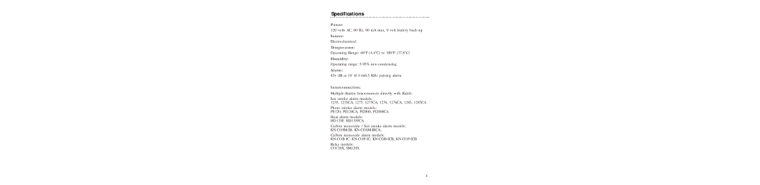 Kidde P/N 900-0120, KN-COB-IC specifications Specifications 