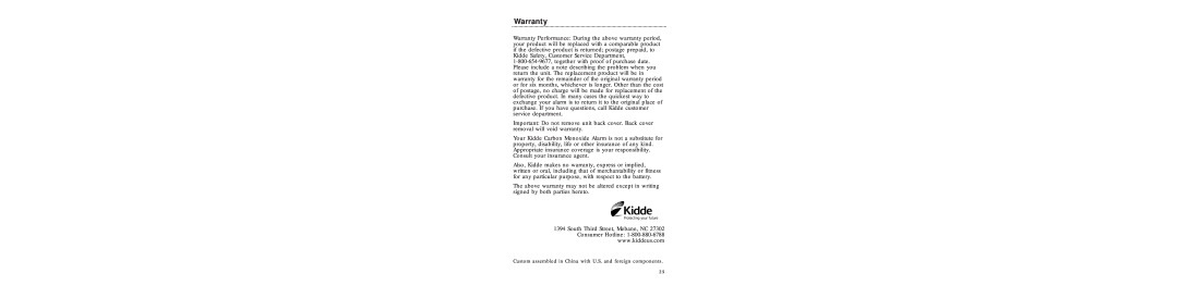 Kidde KN-COB-IC, P/N 900-0120 specifications Warranty, South Third Street, Mebane, NC 