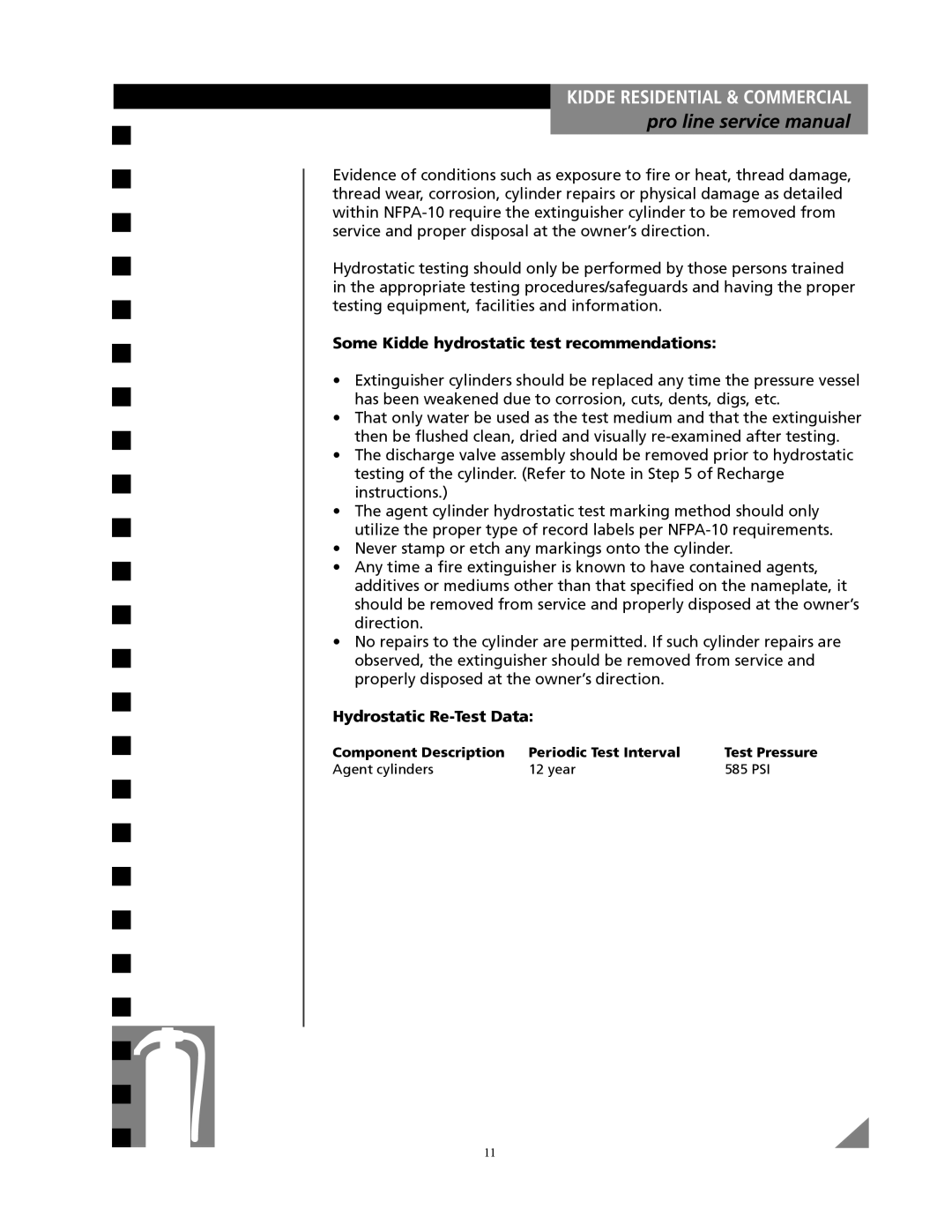 Kidde Pro line service manual Some Kidde hydrostatic test recommendations, Hydrostatic Re-Test Data 