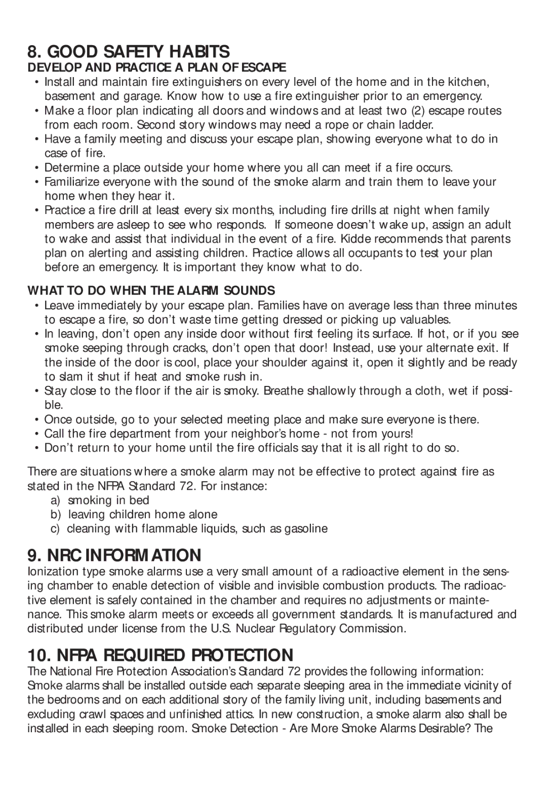 Kidde RF-SM-DC manual Good Safety Habits, NRC Information, Nfpa Required Protection, Develop and Practice a Plan of Escape 