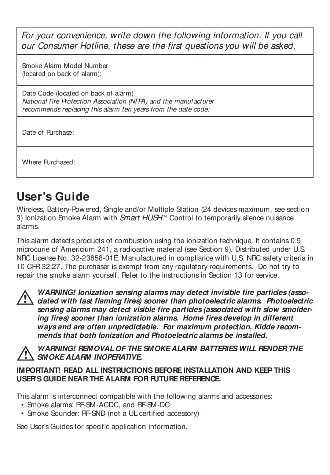 Kidde RF-SM-DC manual User’s Guide 