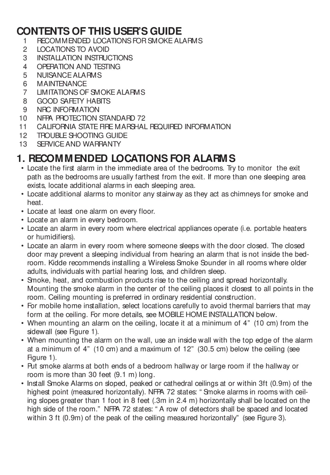 Kidde RF-SM-DC manual Contents of this USER’S Guide, Recommended Locations for Alarms 