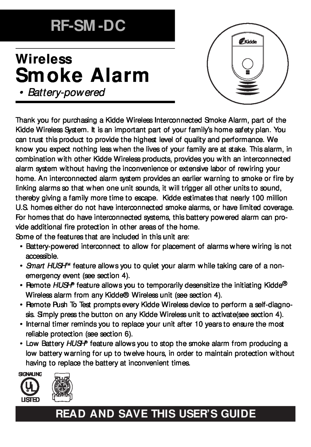 Kidde RF-SM-DC manual Smoke Alarm, Rf-Sm-Dc, Wireless, Battery-powered, Read And Save This User’S Guide 