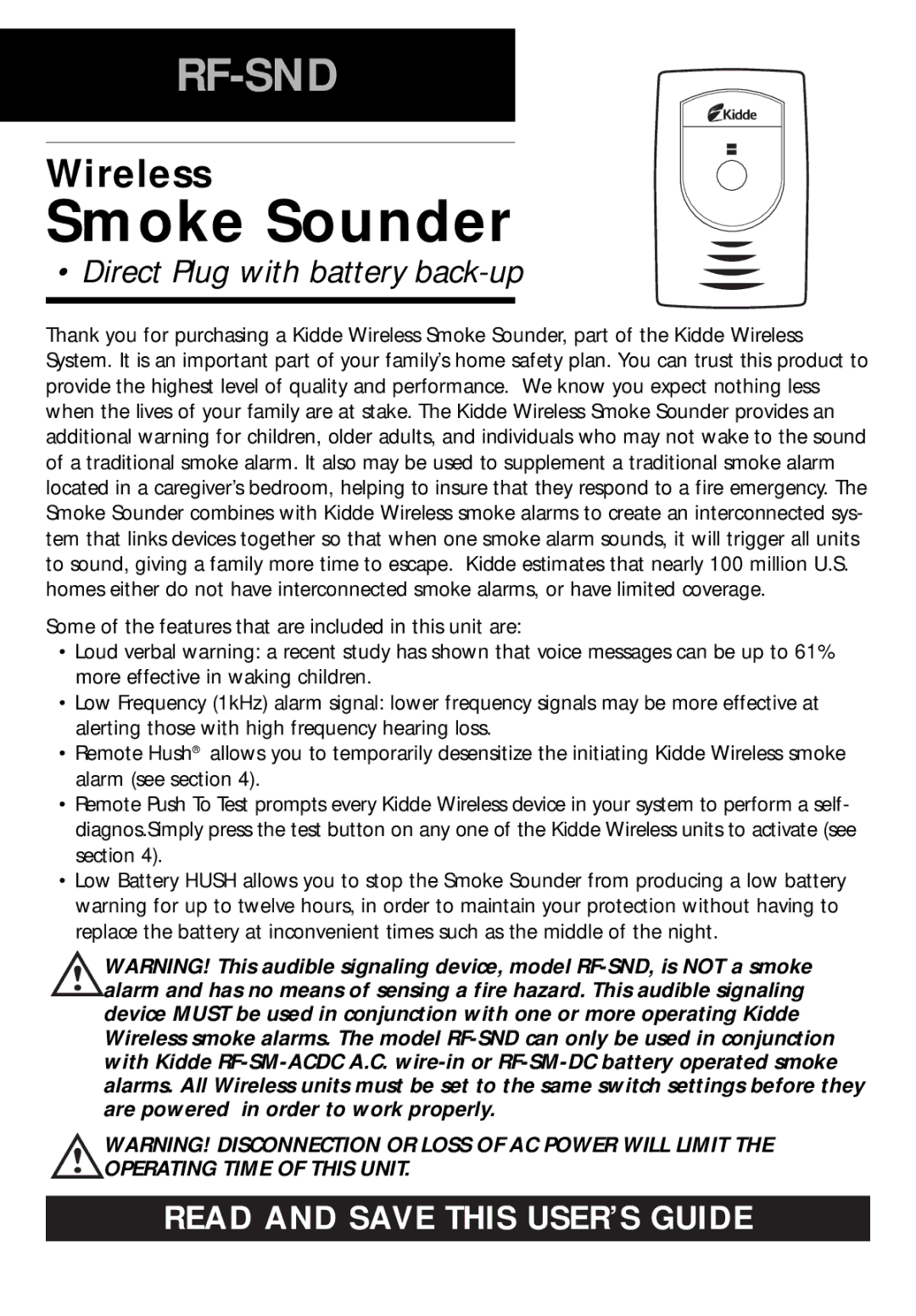 Kidde RF-SND manual Smoke Sounder 