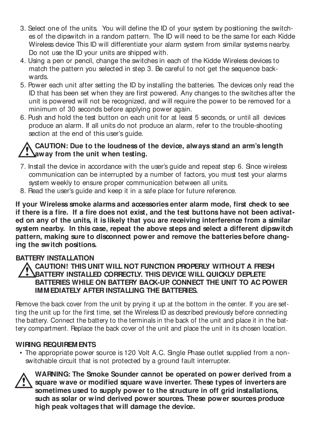 Kidde RF-SND manual Battery Installation, Wiring Requirements 