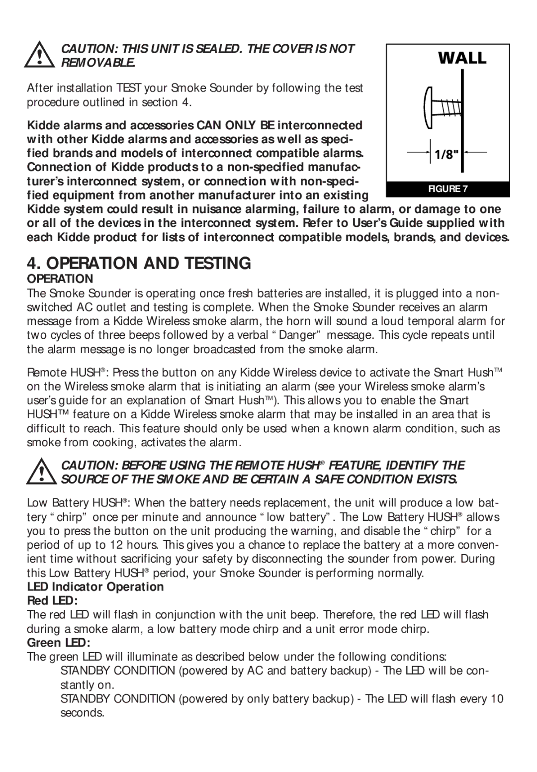 Kidde RF-SND manual Operation and Testing, LED Indicator Operation Red LED, Green LED 