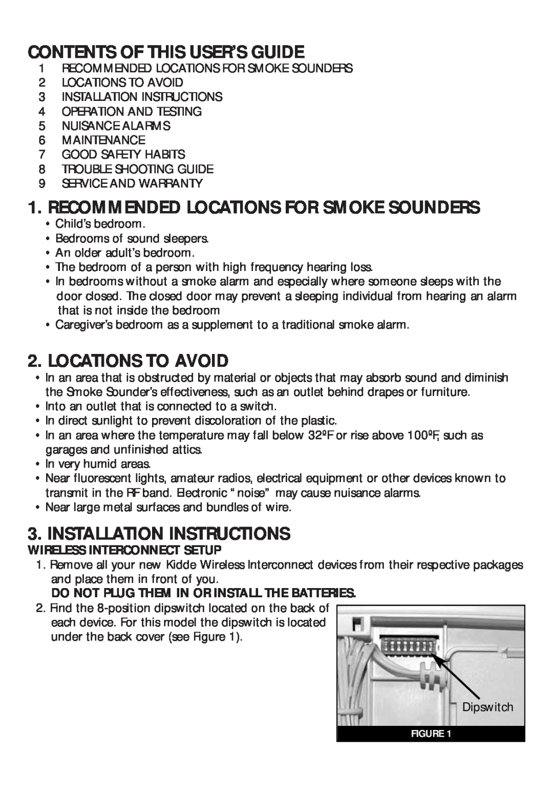 Kidde RF-SND manual Contents Of This User’S Guide, Recommended Locations For Smoke Sounders, Locations To Avoid 