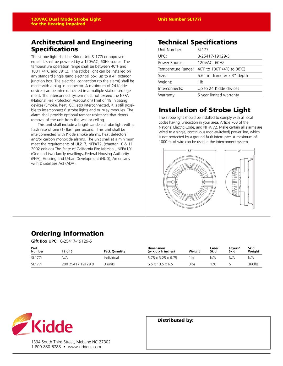 Kidde SL177i warranty Architectural and Engineering Specifications, Technical Specifications, Installation of Strobe Light 