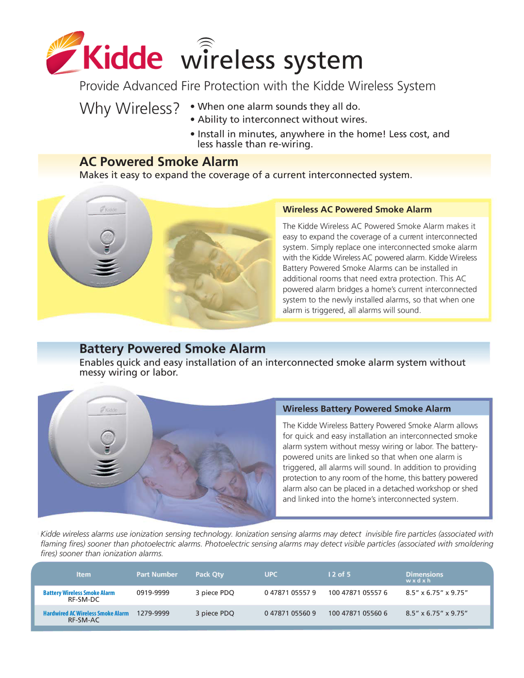 Kidde dimensions Wireless system, Battery Powered Smoke Alarm, Wireless AC Powered Smoke Alarm 