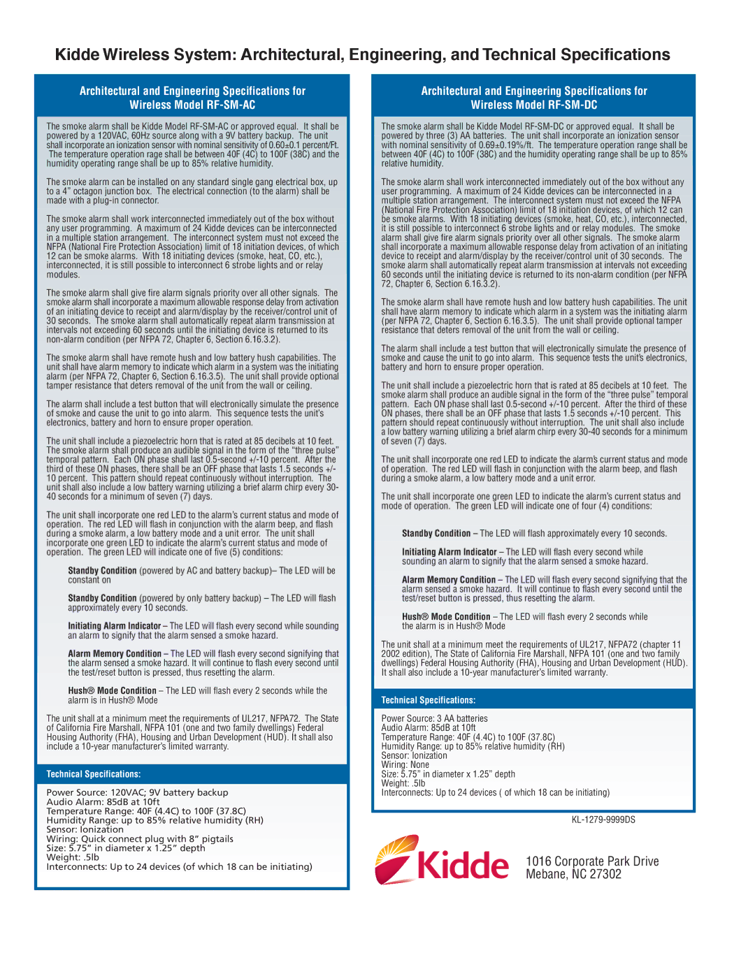 Kidde Smoke Alarm dimensions Technical Specifications 