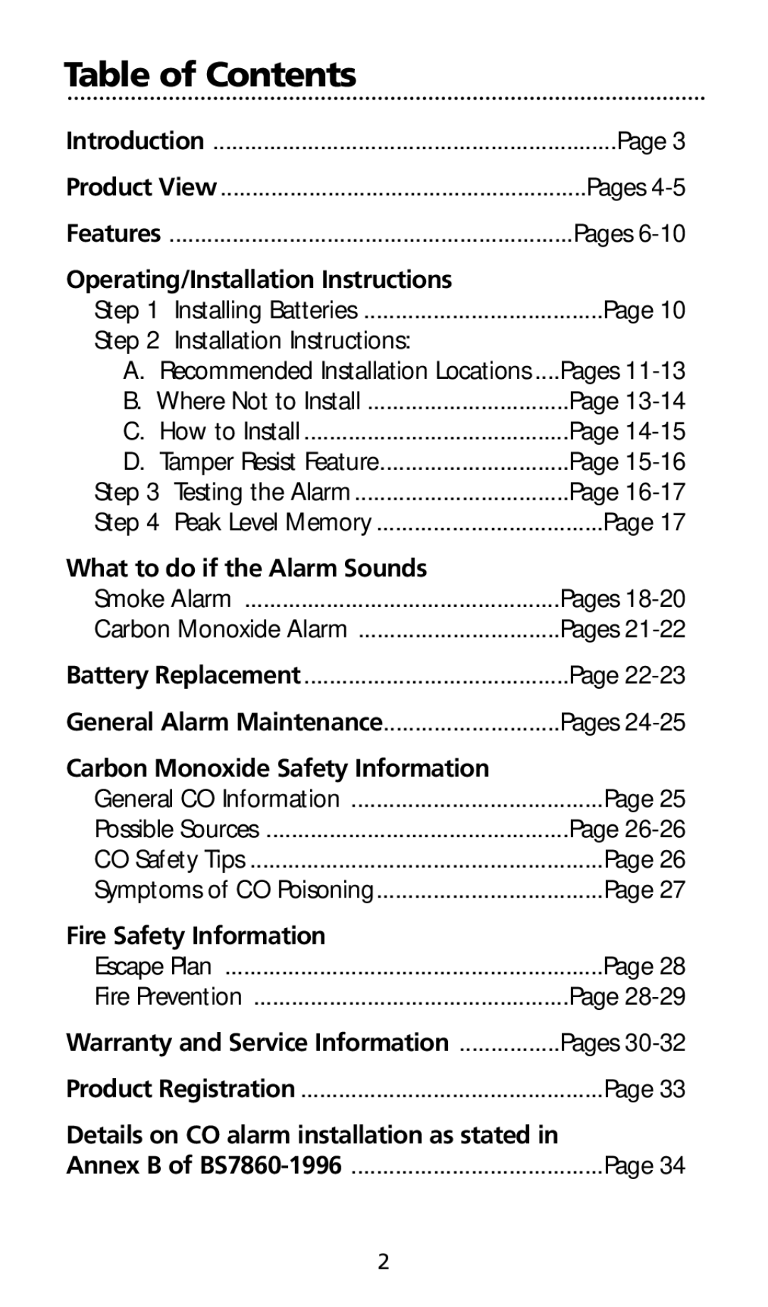 Kidde SMOKE AND CARBON MONOXIDE ALARM installation instructions Table of Contents 