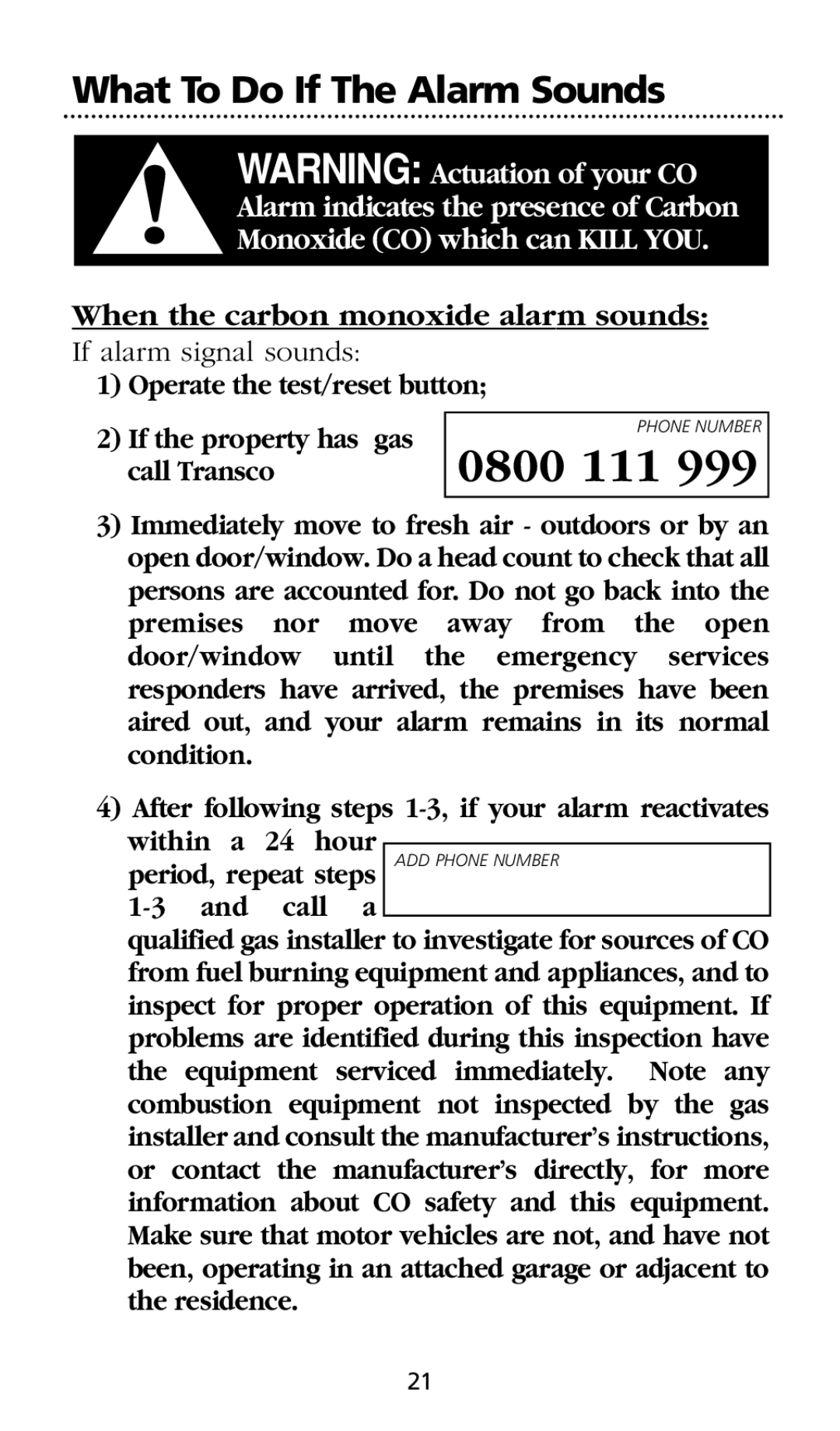 Kidde SMOKE AND CARBON MONOXIDE ALARM installation instructions 0800 111 