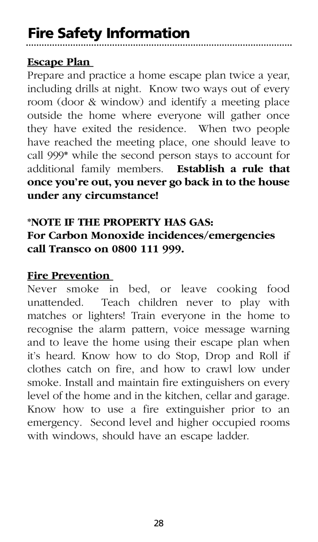 Kidde SMOKE AND CARBON MONOXIDE ALARM installation instructions Fire Safety Information, Escape Plan 