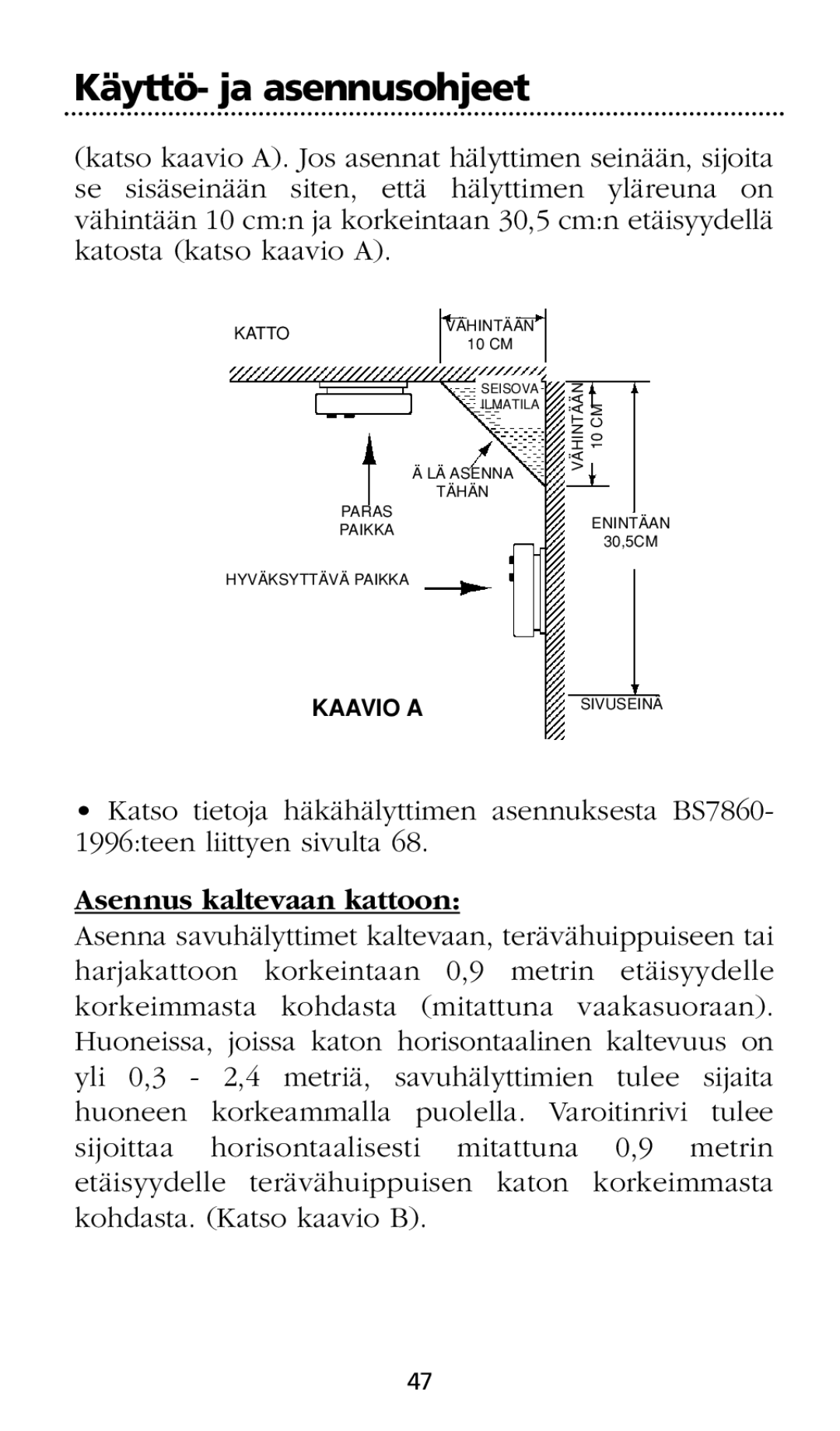 Kidde SMOKE AND CARBON MONOXIDE ALARM installation instructions Asennus kaltevaan kattoon, Katto 