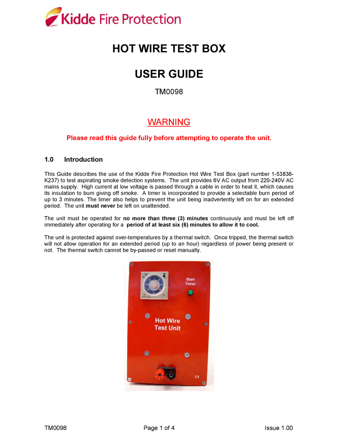 Kidde TM0098 manual HOT Wire Test BOX User Guide, Introduction 