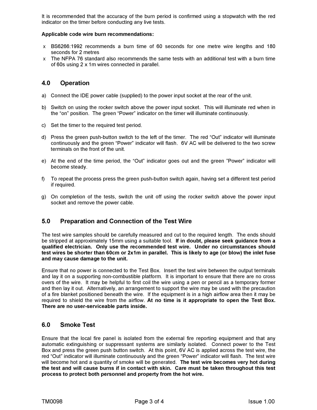 Kidde TM0098 manual Operation, Preparation and Connection of the Test Wire, Smoke Test 