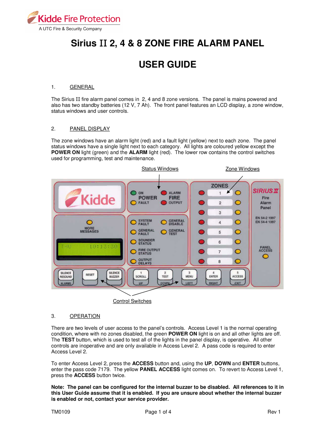 Kidde TM0109 manual General, Panel Display, Operation 