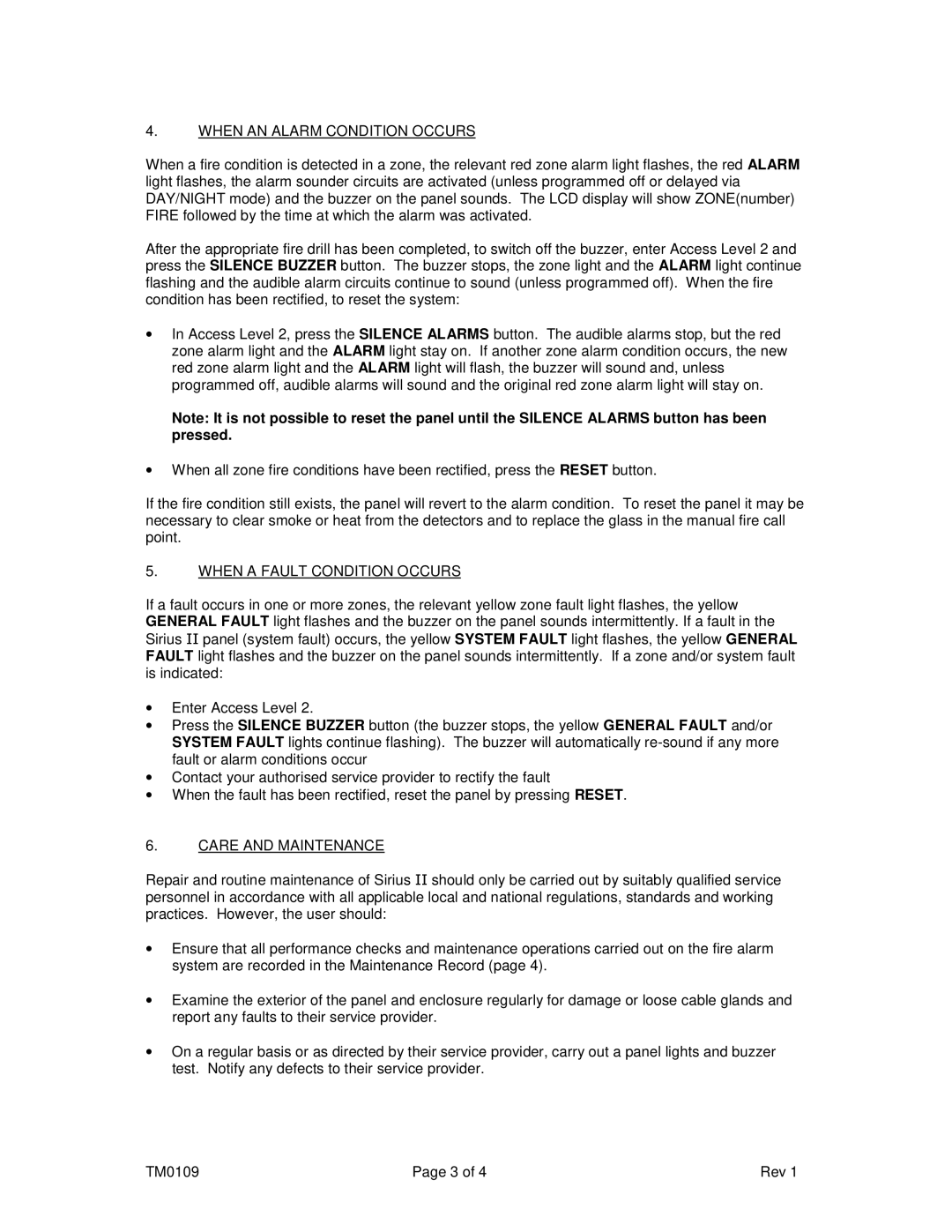 Kidde TM0109 manual When AN Alarm Condition Occurs, When a Fault Condition Occurs, Care and Maintenance 