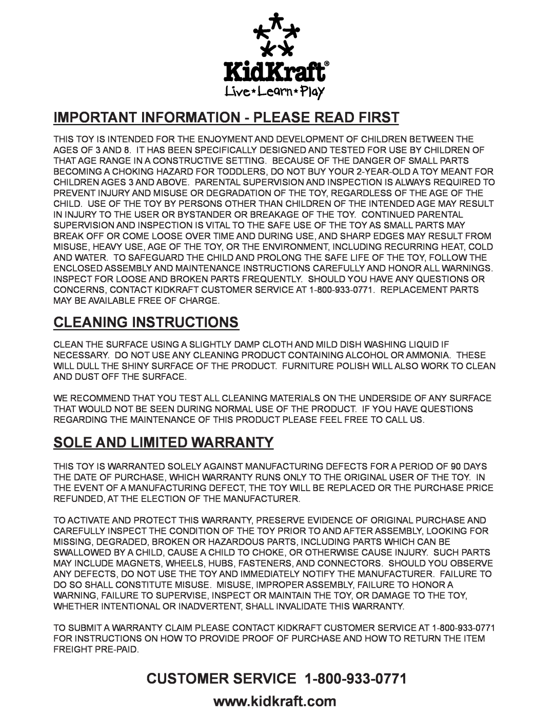 KidKraft 17429 manual Important Information - Please Read First, Cleaning Instructions, Sole And Limited Warranty 