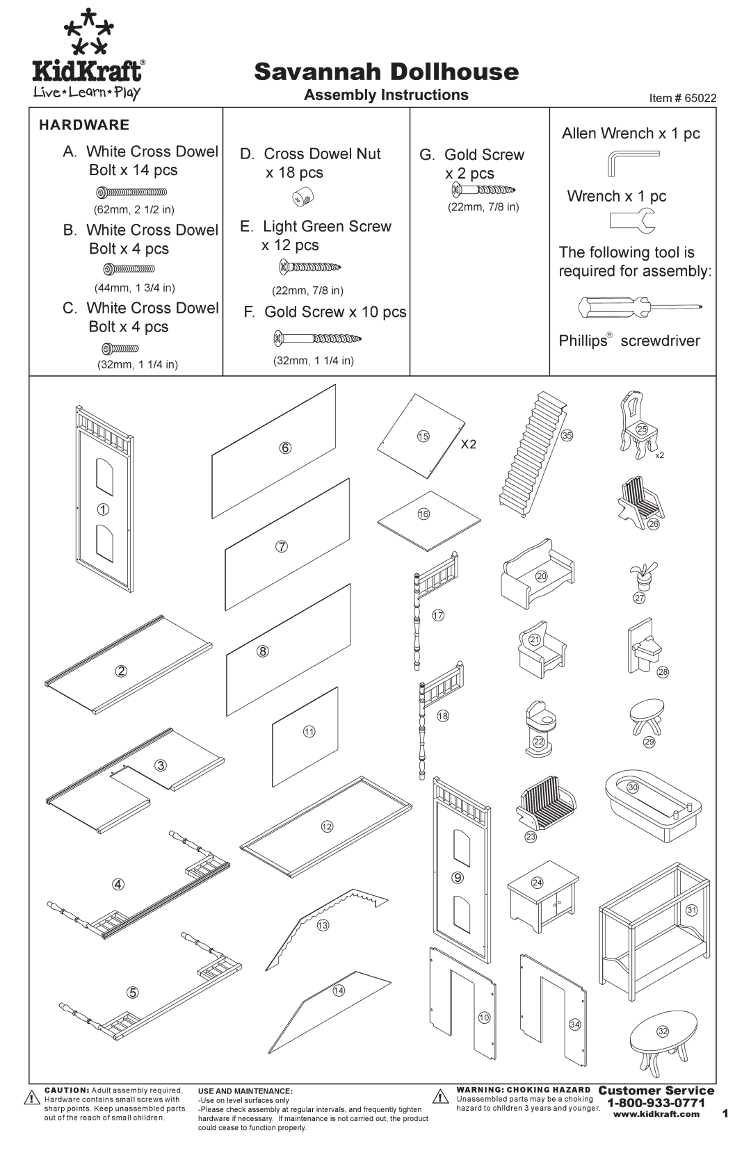 KidKraft 65022 manual Savannah Dollhouse 