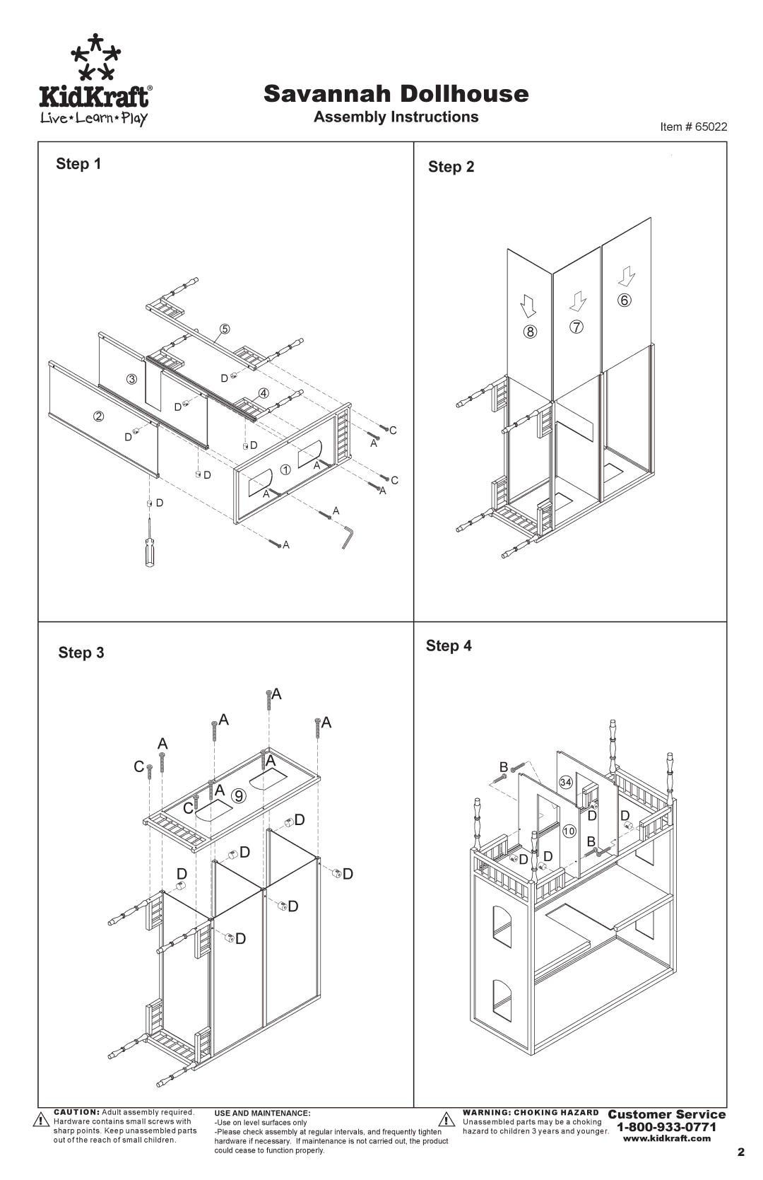 KidKraft 65022 manual Savannah Dollhouse, Step 