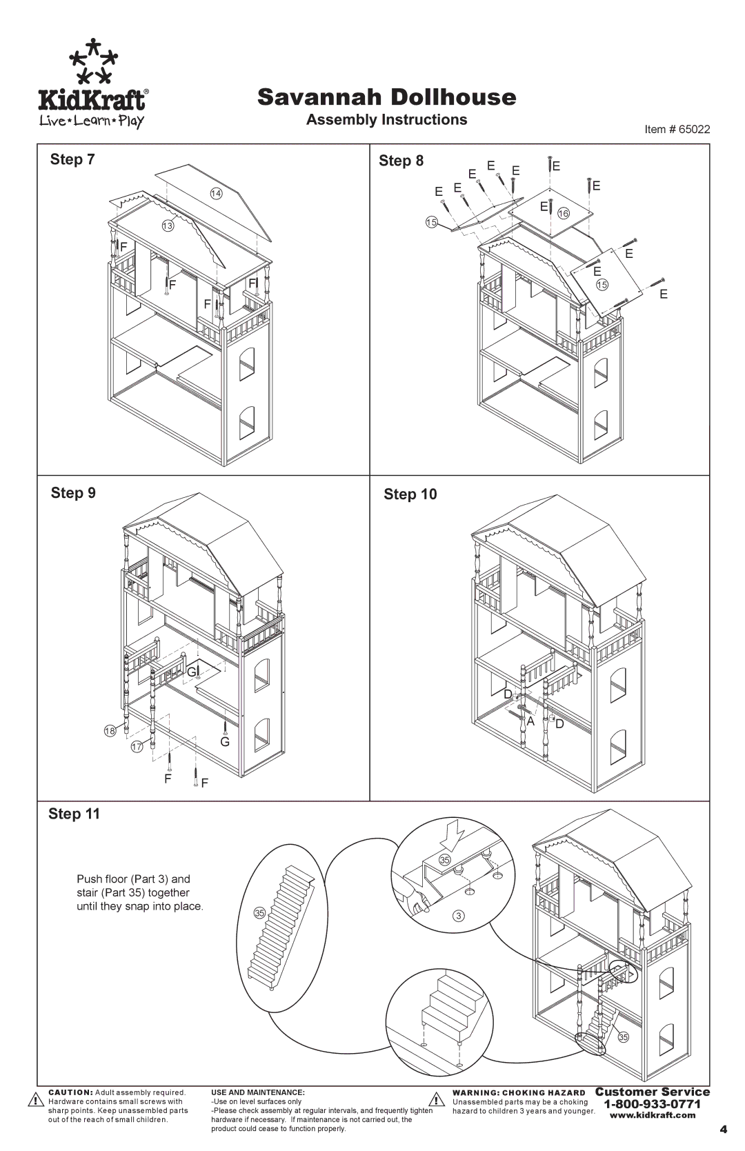 KidKraft 65022 manual Savannah Dollhouse 