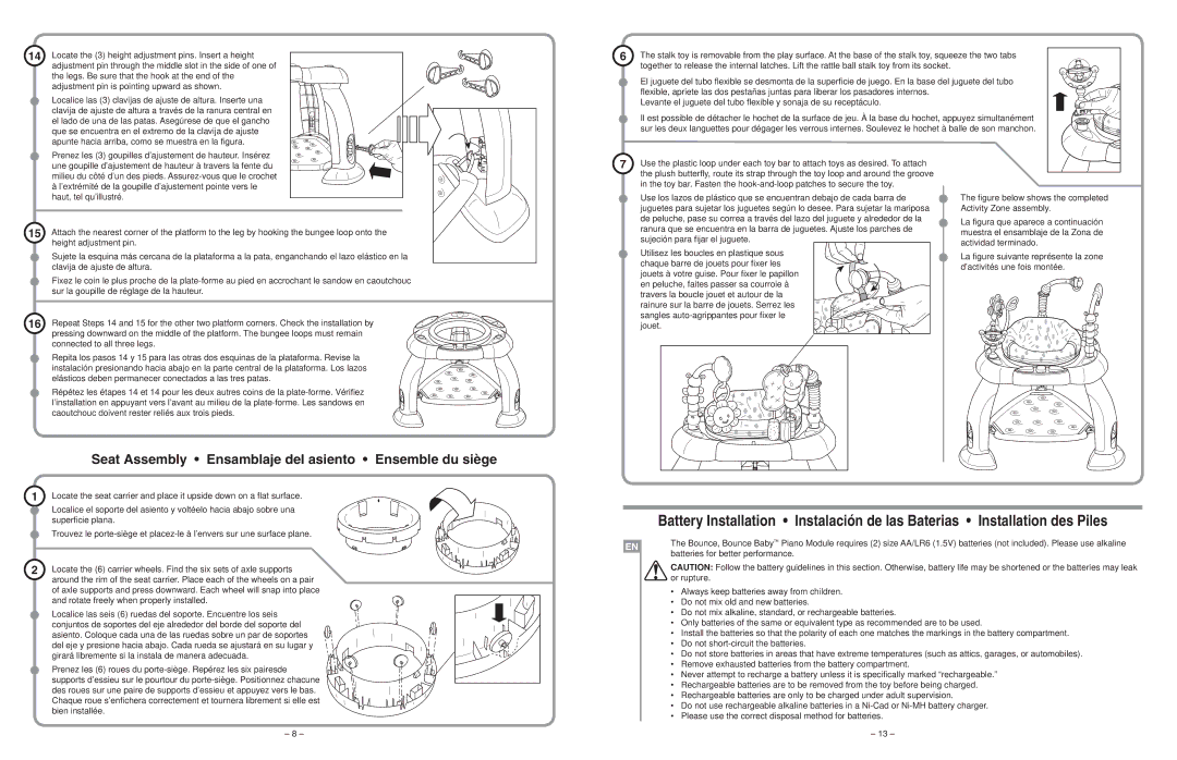 Kids II 6803-NU manual Batteries for better performance, Or rupture, Always keep batteries away from children 