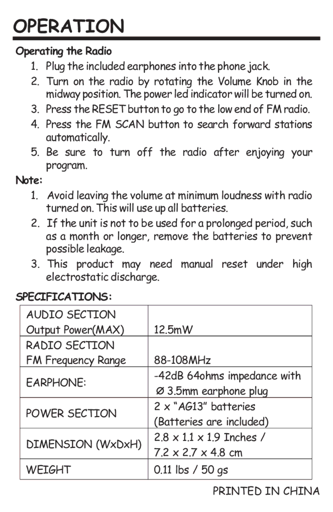 KidzMouse SMB-631 manual Operation, Specifications 