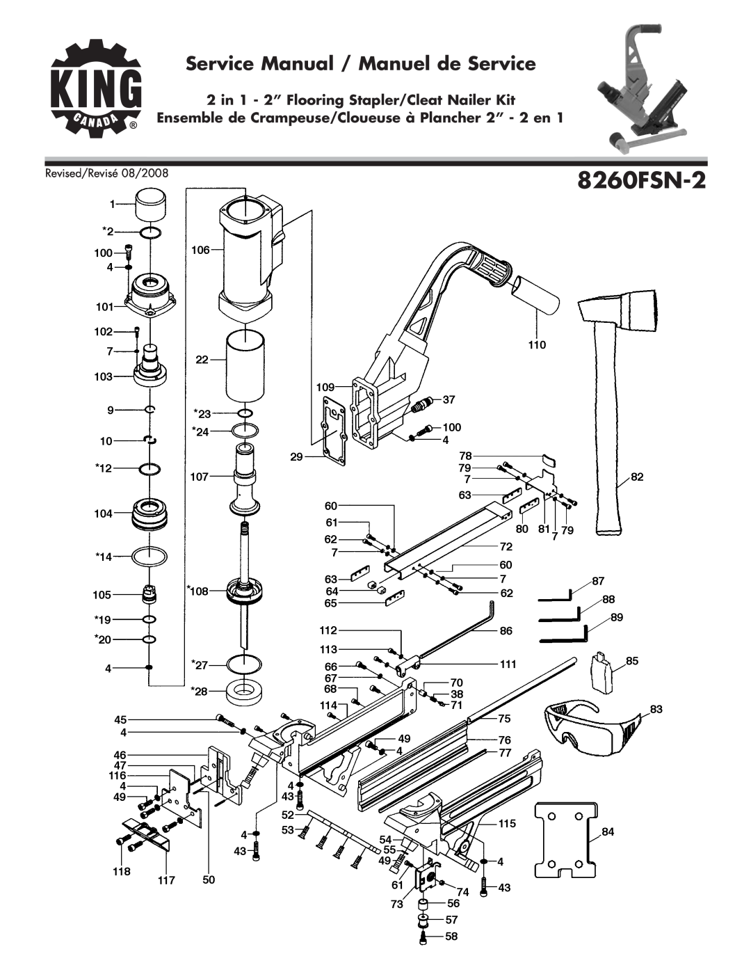 King Canada 8260FSN-2 service manual Service Manual / Manuel de Service, 2 in 1 - 2” Flooring Stapler/Cleat Nailer Kit 
