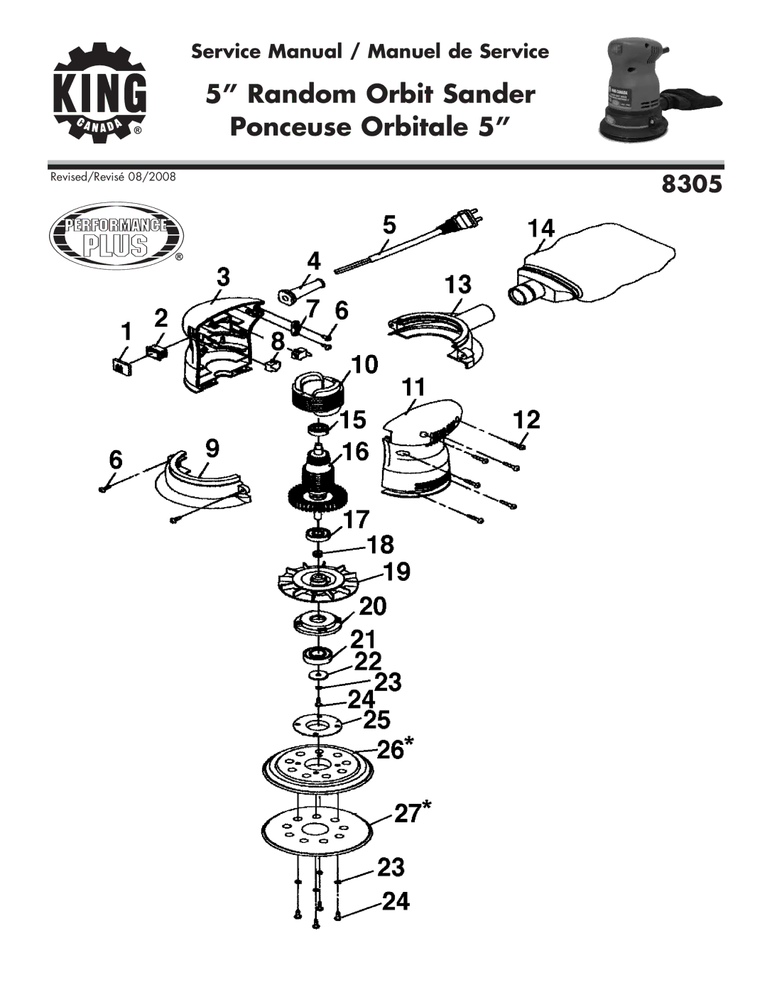 King Canada 8305 service manual Random Orbit Sander Ponceuse Orbitale 