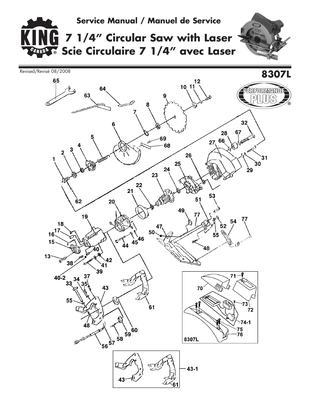 King Canada 8307L service manual Circular Saw with Laser Scie Circulaire 7 1/4 avec Laser 