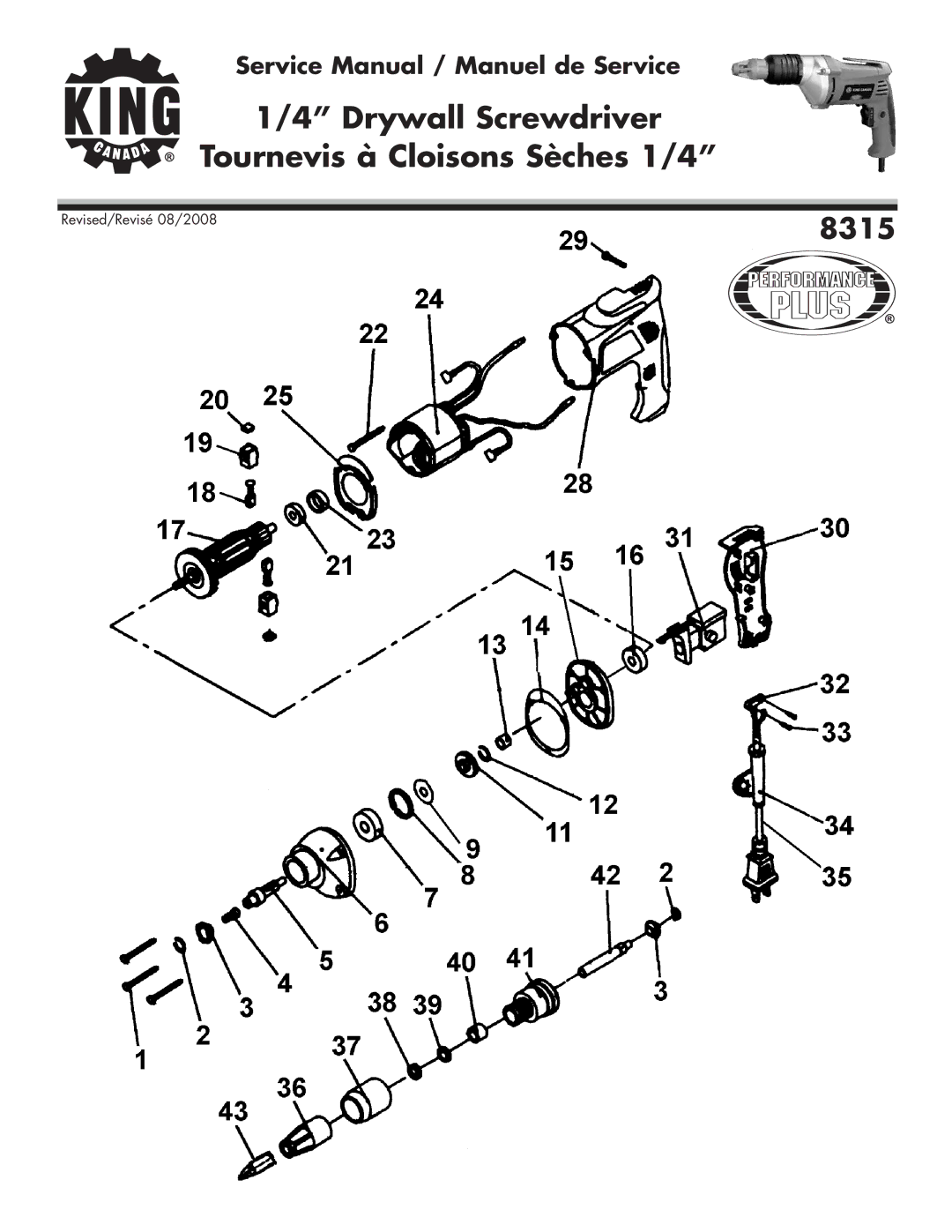 King Canada 8315 service manual Drywall Screwdriver Tournevis à Cloisons Sèches 1/4 