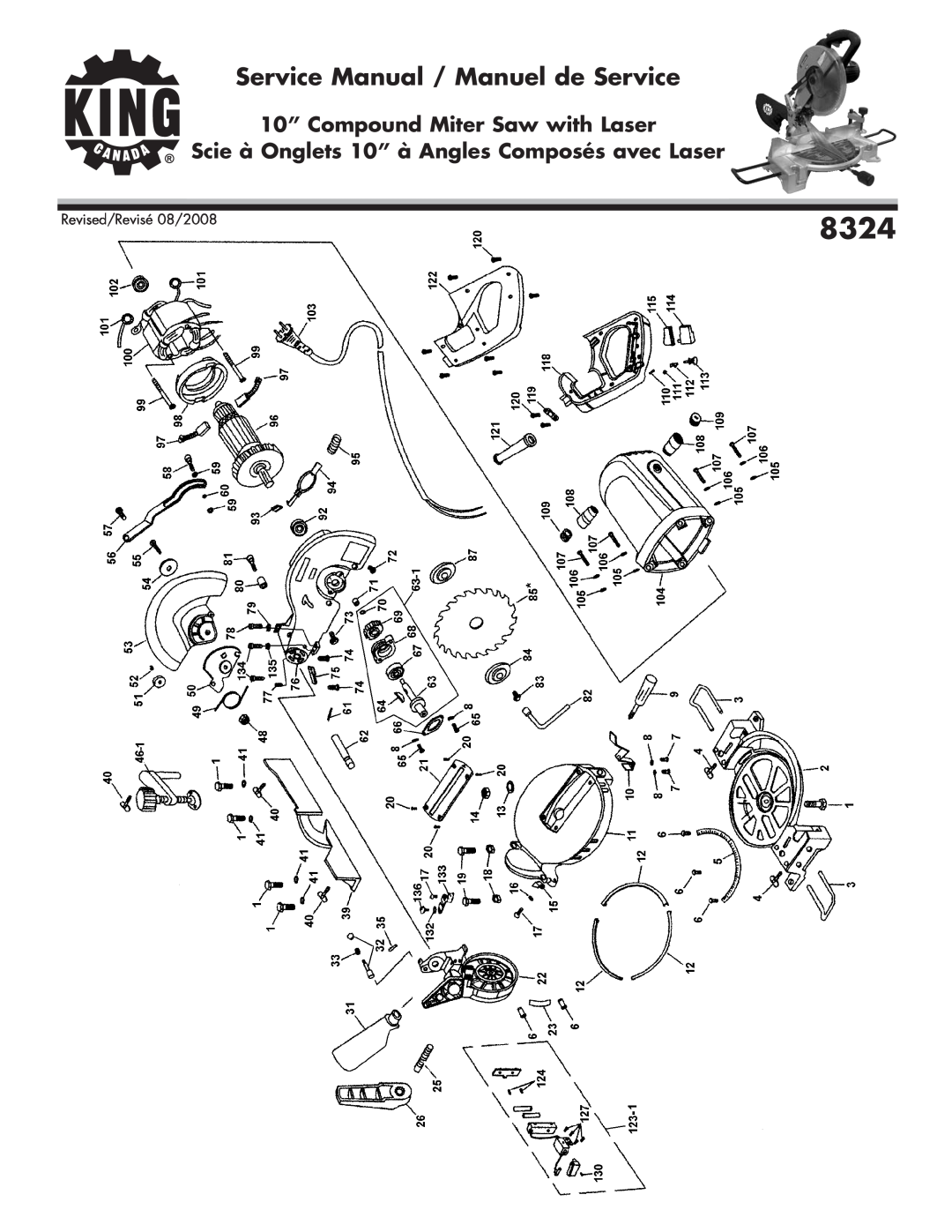 King Canada 8324 service manual Service Manual / Manuel de Service, 10” Compound Miter Saw with Laser 