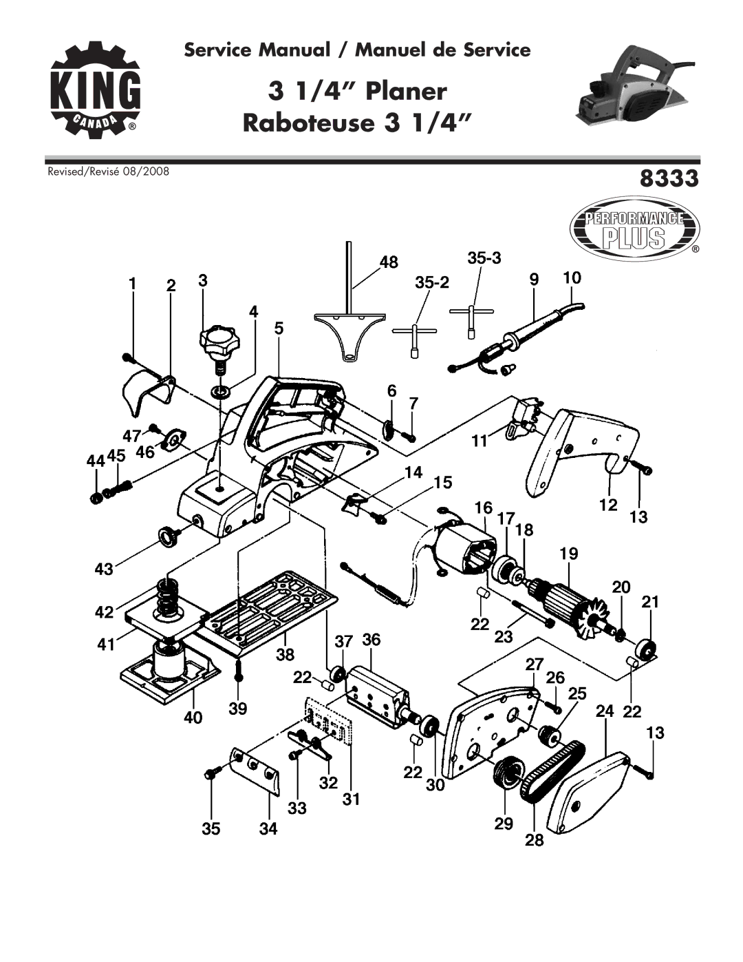 King Canada 8333 service manual Planer Raboteuse 3 1/4 