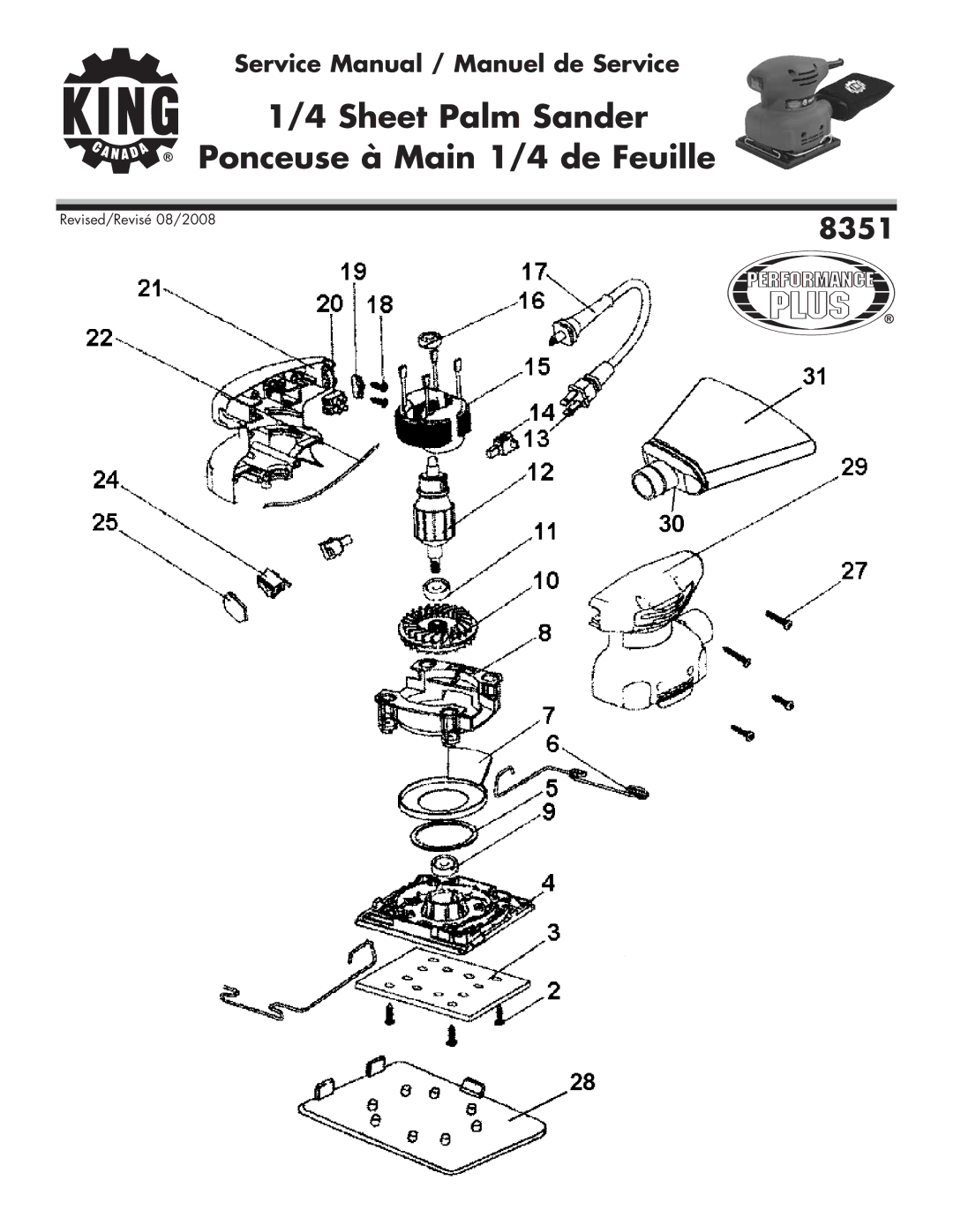 King Canada 8351 service manual Sheet Palm Sander Ponceuse à Main 1/4 de Feuille 