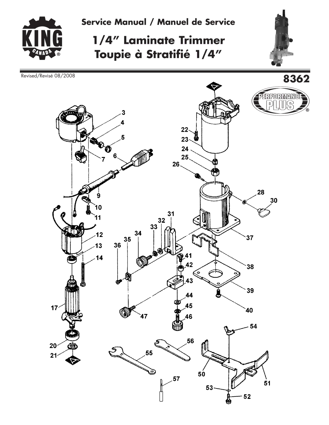 King Canada 8362 service manual Laminate Trimmer Toupie à Stratifié 1/4 