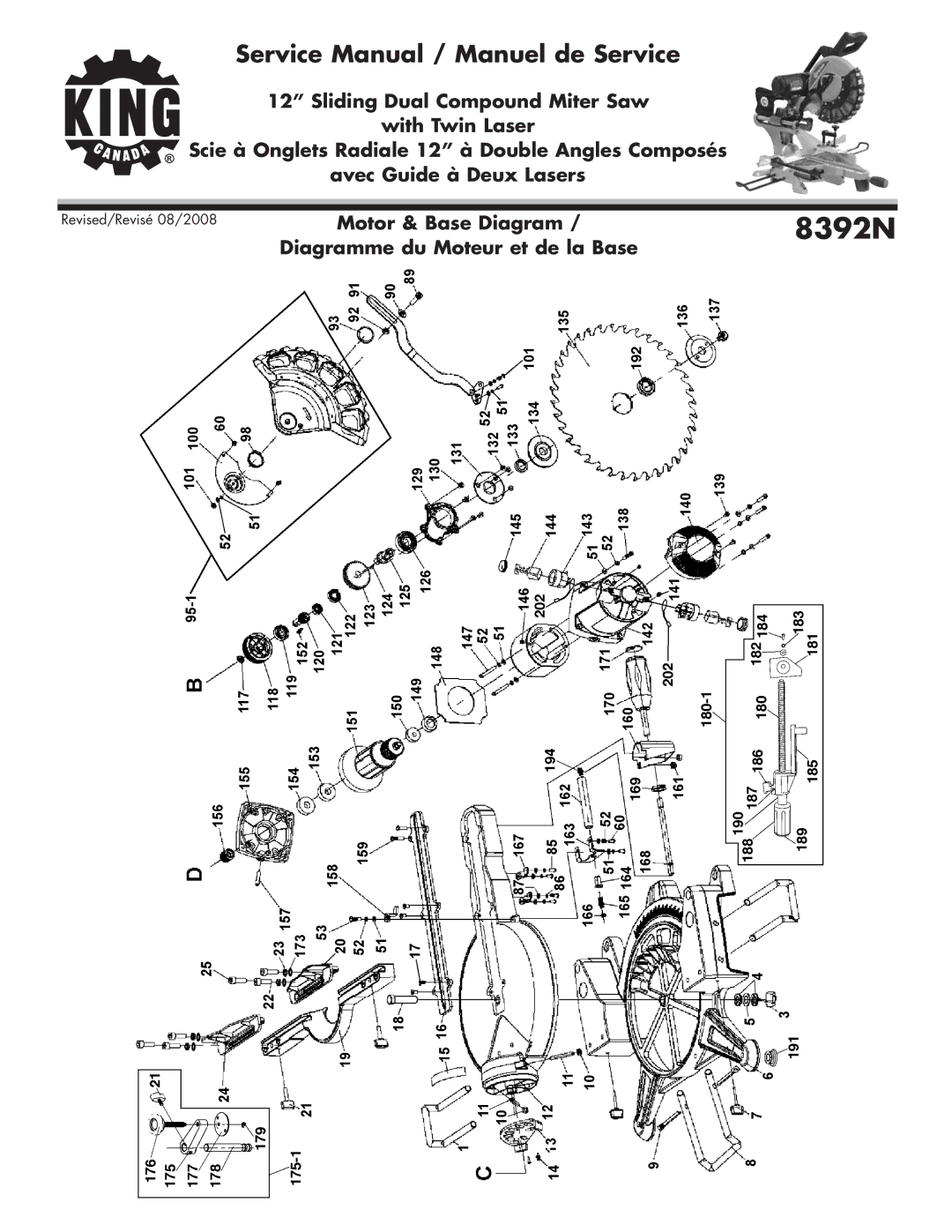 King Canada 8392N service manual Motor & Base Diagram 