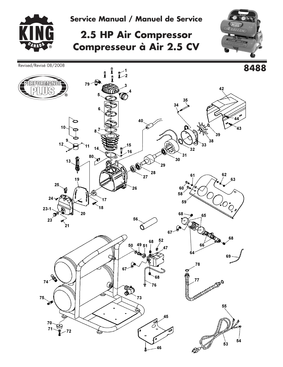 King Canada 8488 service manual HP Air Compressor Compresseur à Air 2.5 CV 