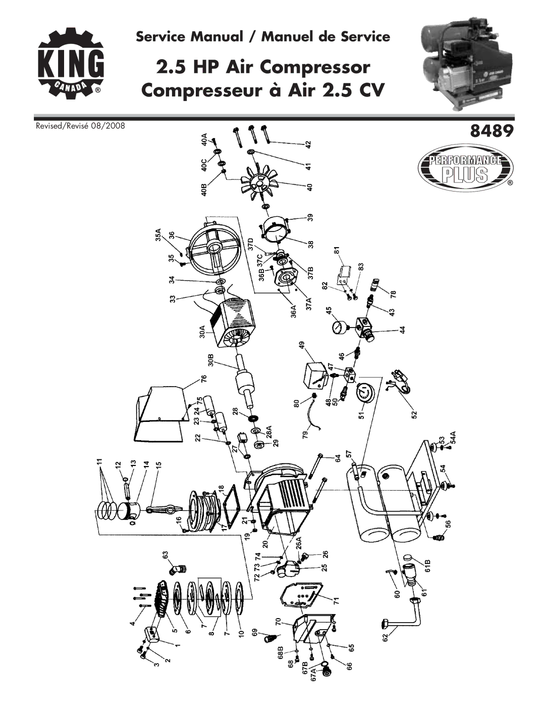 King Canada 8489 service manual HP Air Compressor Compresseur à Air 2.5 CV 