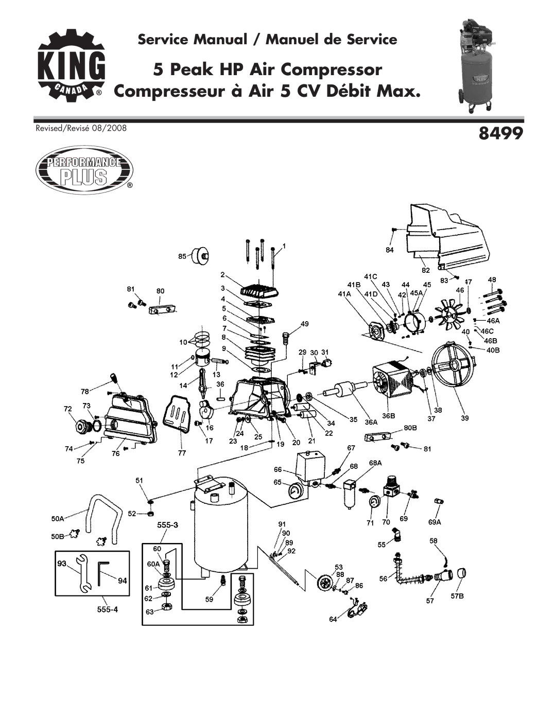 King Canada 8499 service manual Peak HP Air Compressor Compresseur à Air 5 CV Débit Max 