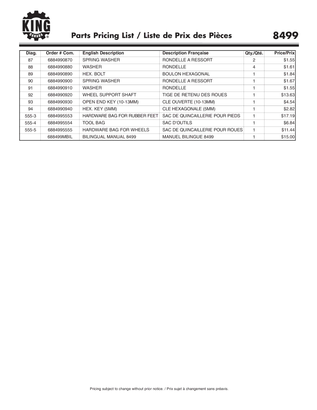 King Canada 8499 service manual Wheel Support Shaft Tige DE Retenu DES Roues, Open END KEY 10-13MM CLE Ouverte 10-13MM 