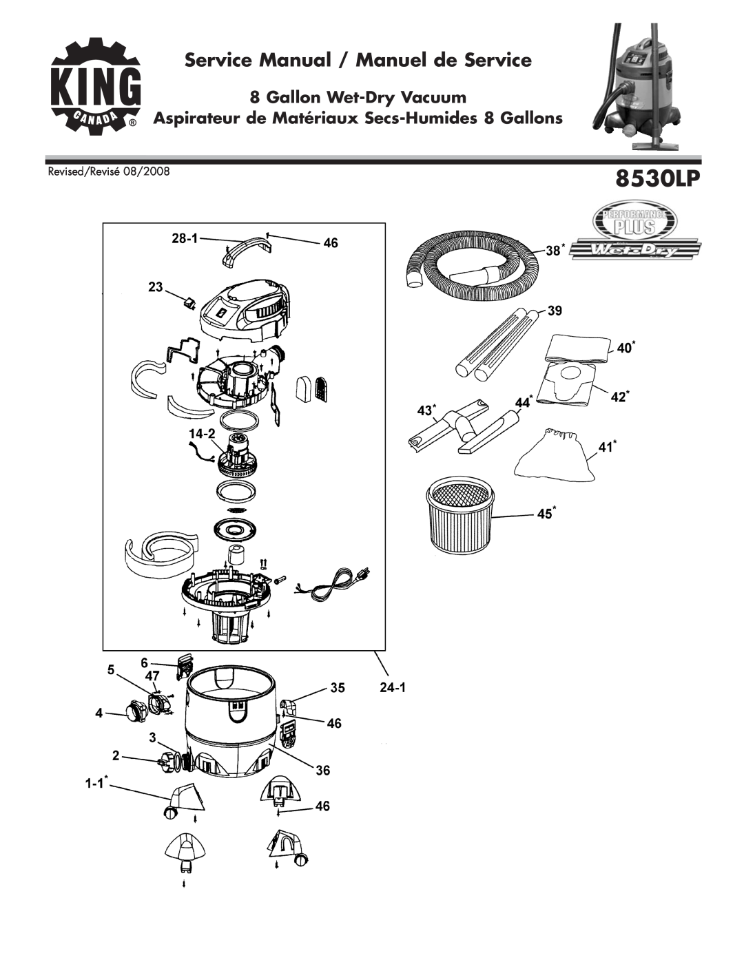 King Canada 8530LP service manual Gallon Wet-DryVacuum, Aspirateur de Matériaux Secs-Humides8 Gallons 