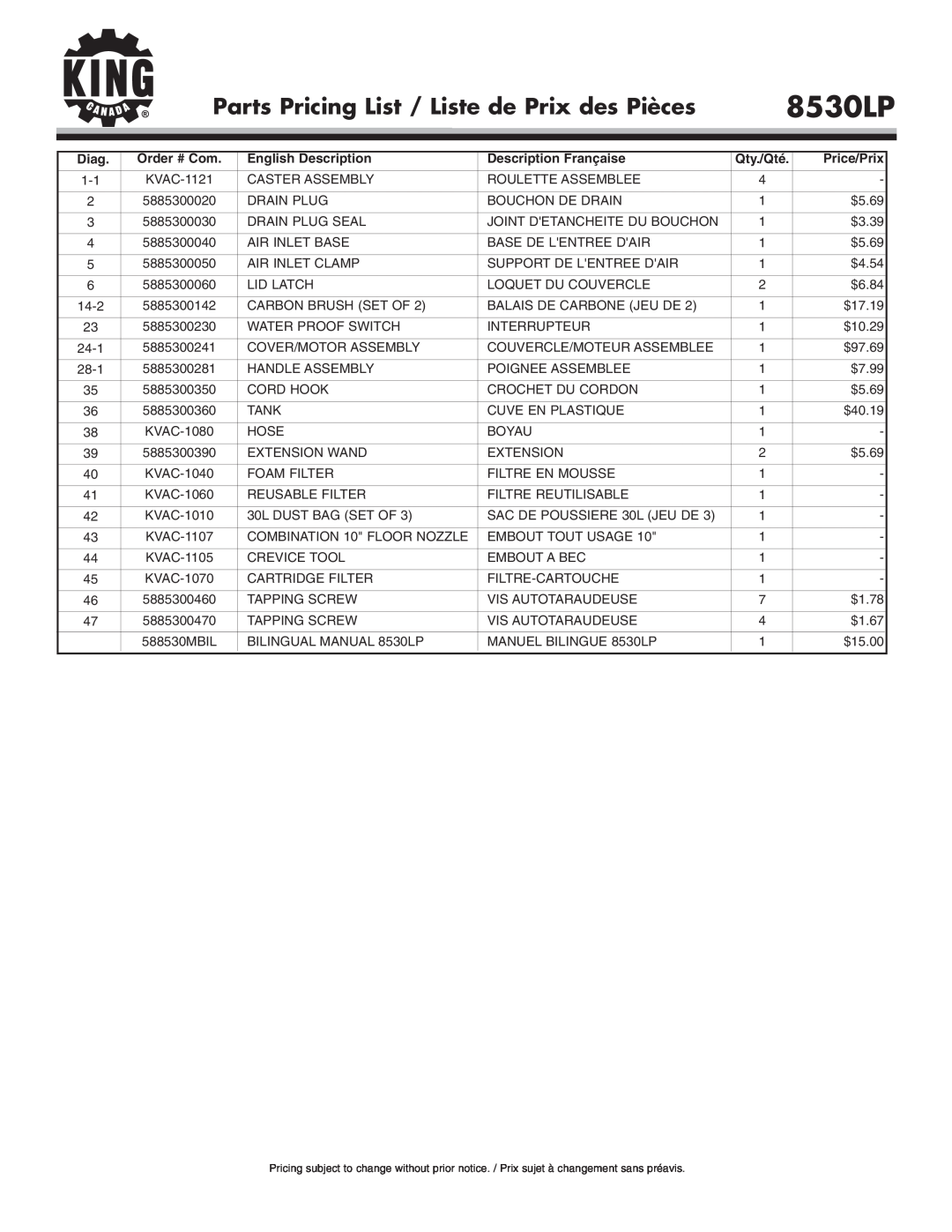 King Canada 8530LP Parts Pricing List / Liste de Prix des Pièces, Diag, English Description, Description Française 