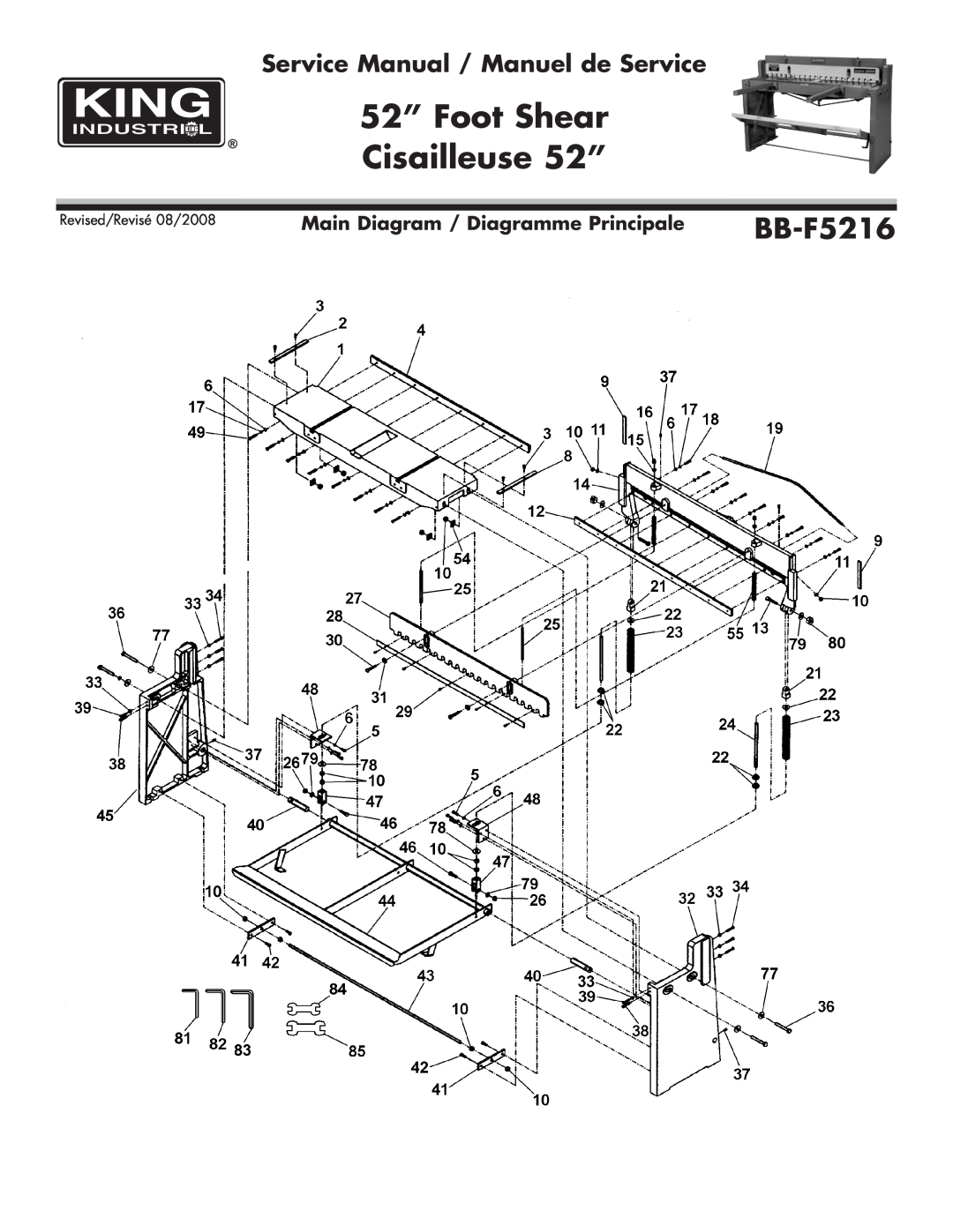King Canada BB-F5216 service manual 52” Foot Shear Cisailleuse 52”, Main Diagram / Diagramme Principale 