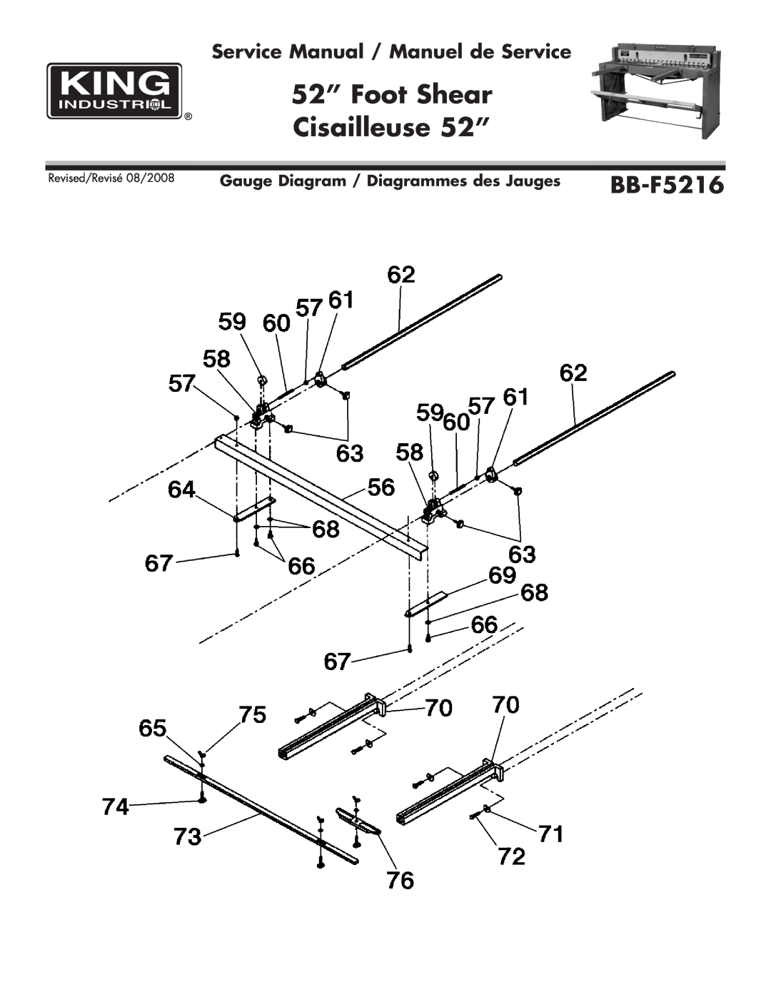 King Canada BB-F5216 Gauge Diagram / Diagrammes des Jauges, 52” Foot Shear Cisailleuse 52”, Revised/Revisé 08/2008 