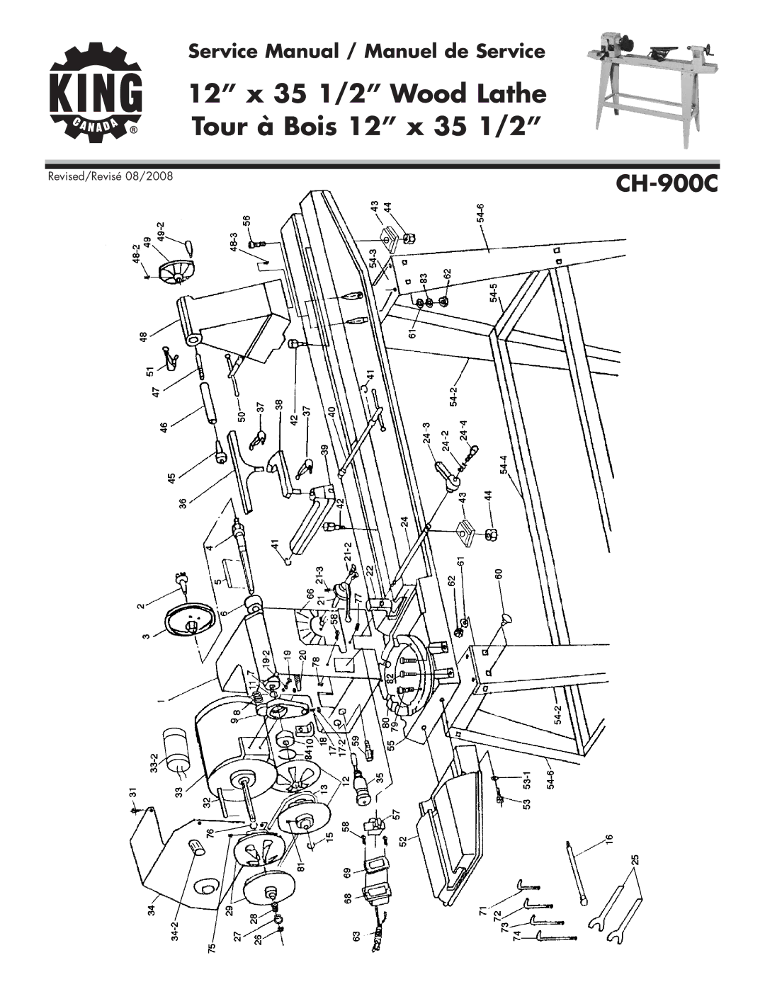 King Canada CH-900C service manual 12 x 35 1/2 Wood Lathe Tour à Bois 12 x 35 1/2 