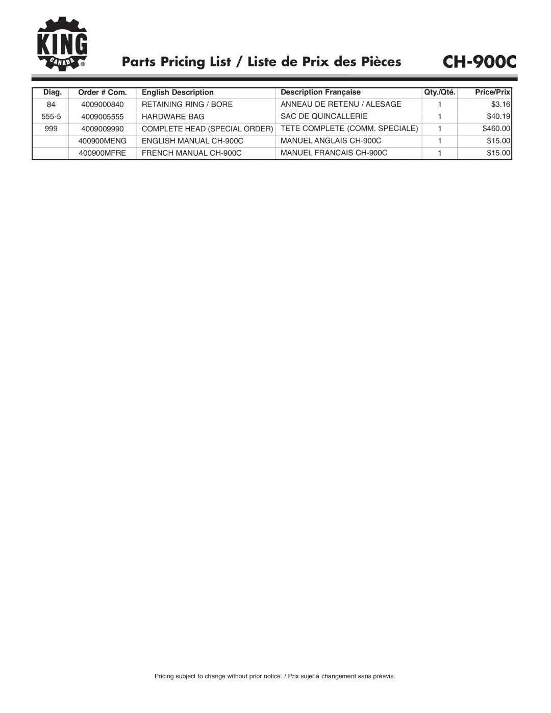 King Canada CH-900C service manual Retaining Ring / Bore Anneau DE Retenu / Alesage, Hardware BAG SAC DE Quincallerie 