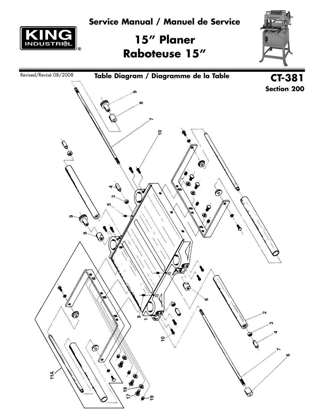 King Canada CT-381 service manual Table Diagram / Diagramme de la Table 