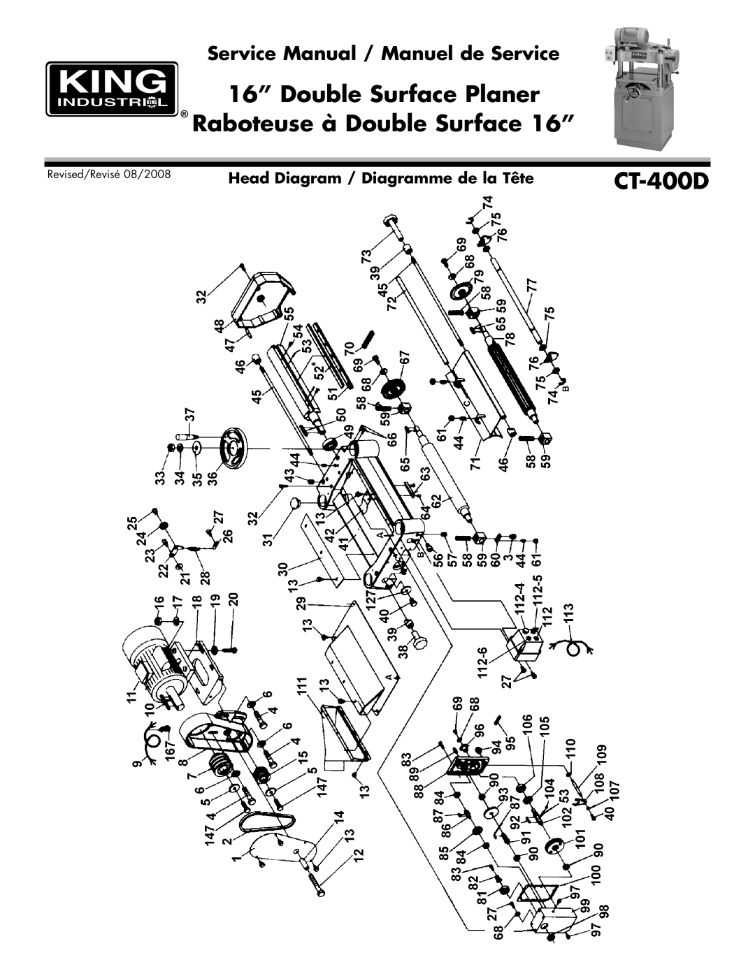 King Canada CT-400D service manual Double Surface Planer Raboteuse à Double Surface 